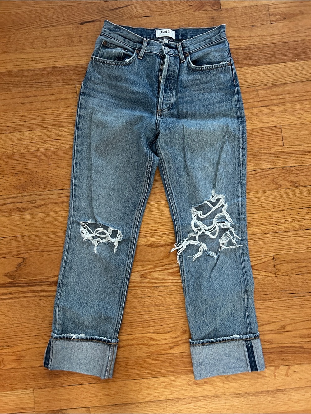 Agolde Lena Distressed Boyfriend Jeans in Washed Blue SZ 24